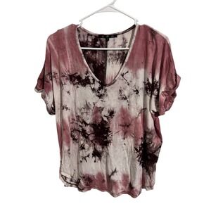 Coin 1904 Womens Tie Dye V-Neck Short Sleeve Top Burgundy White Large